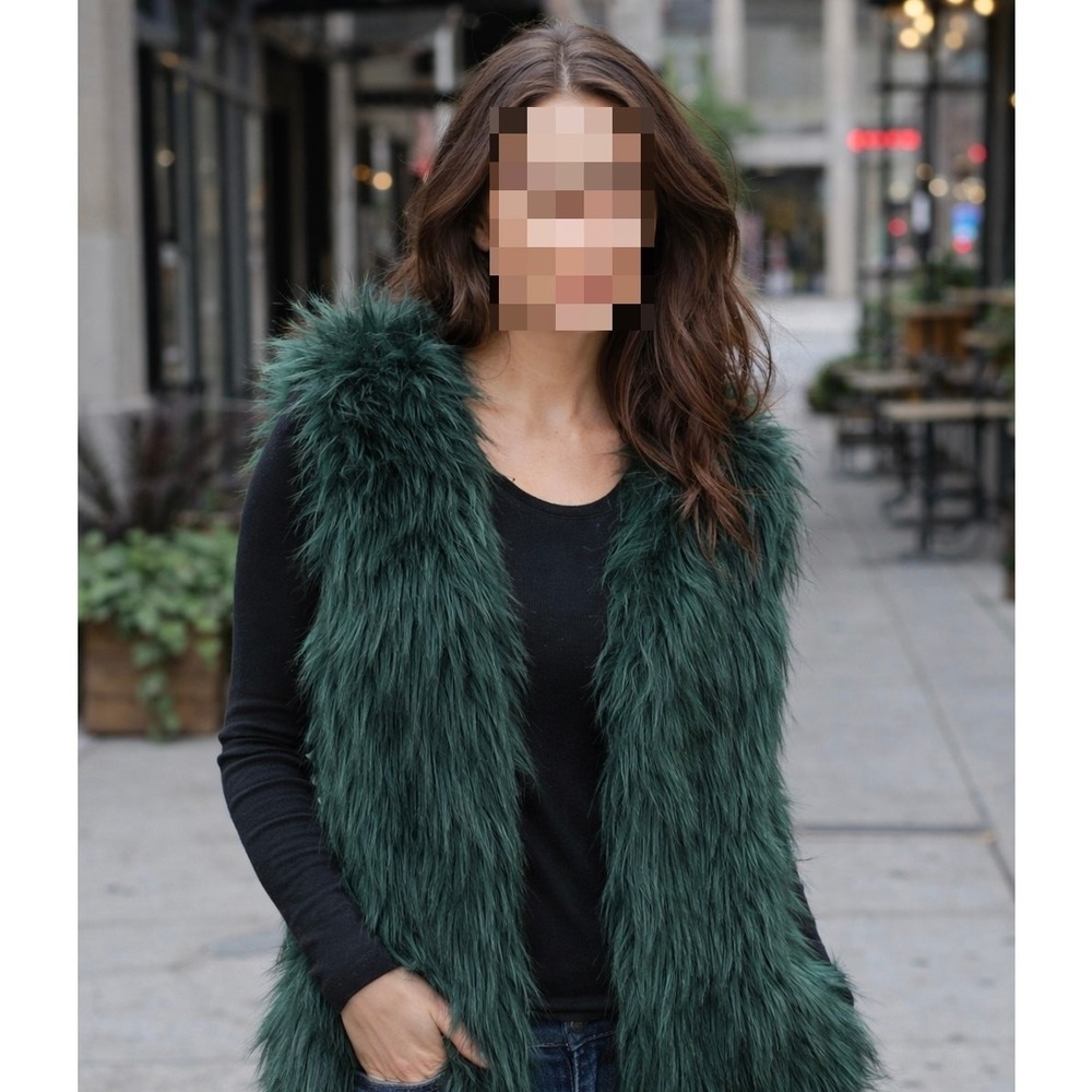 Gianni Bini Womens Forest Green Faux Fur Vest Open Front Shaggy Sleeveless Large